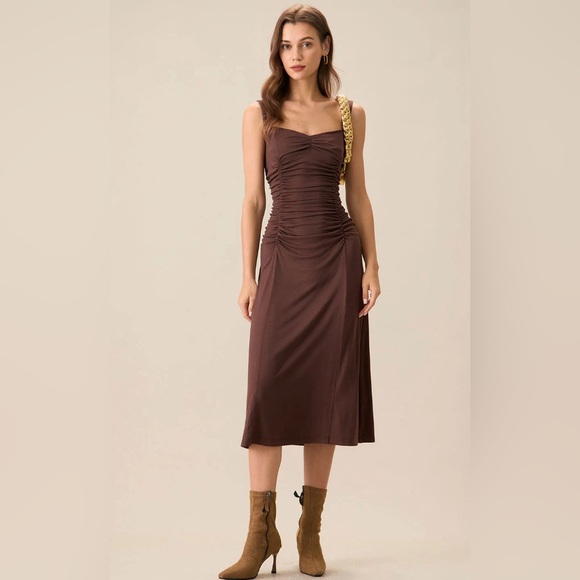 NWT RIHOAS Women's Coffee Ruched Knitted Slip Midi Dress Sz L - Picture 3 of 8